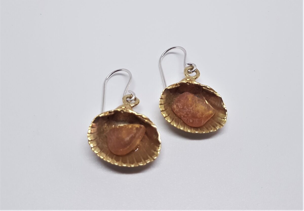 Bronze Earrings "Shells From Melnsils Village With Amber" (medium)