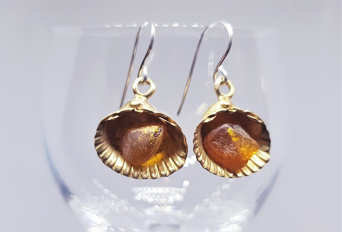 Bronze Earrings "Shells From Melnsils Village With Amber" (medium)