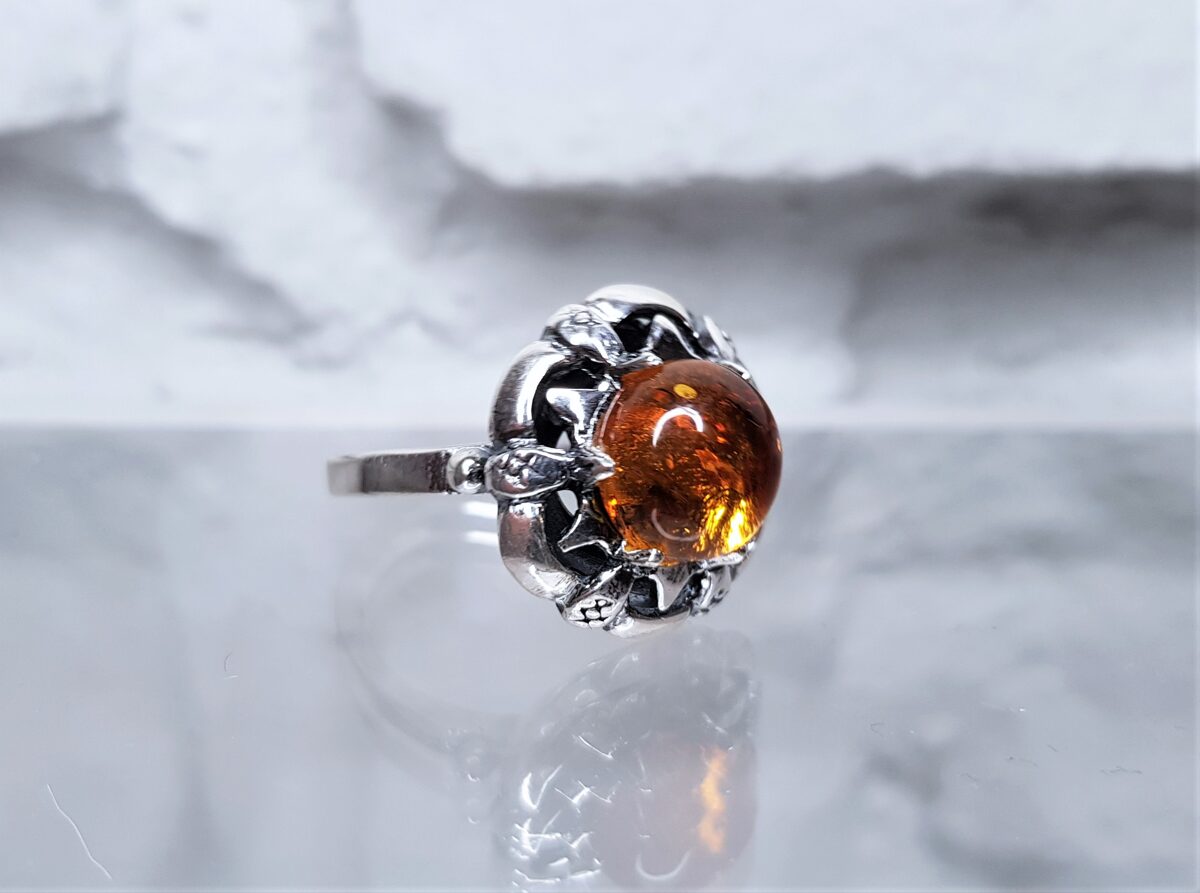 Silver Moon Ring With Amber
