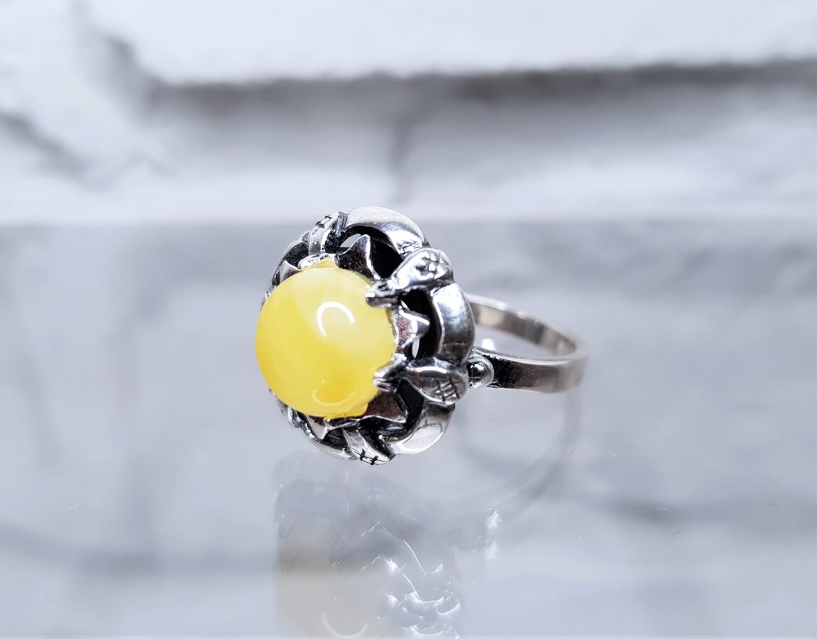 Silver Moon Ring With Amber