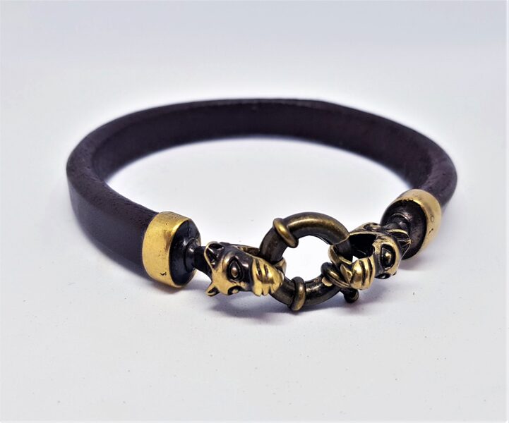Leather bangle with bronze decors (dark brown, code BR_025)