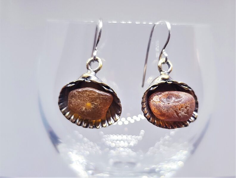 Silver earrings "Shells From Melnsils Village With Amber" (large)