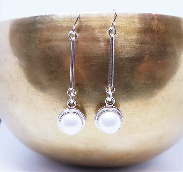 Long Silver Earrings With Pearl