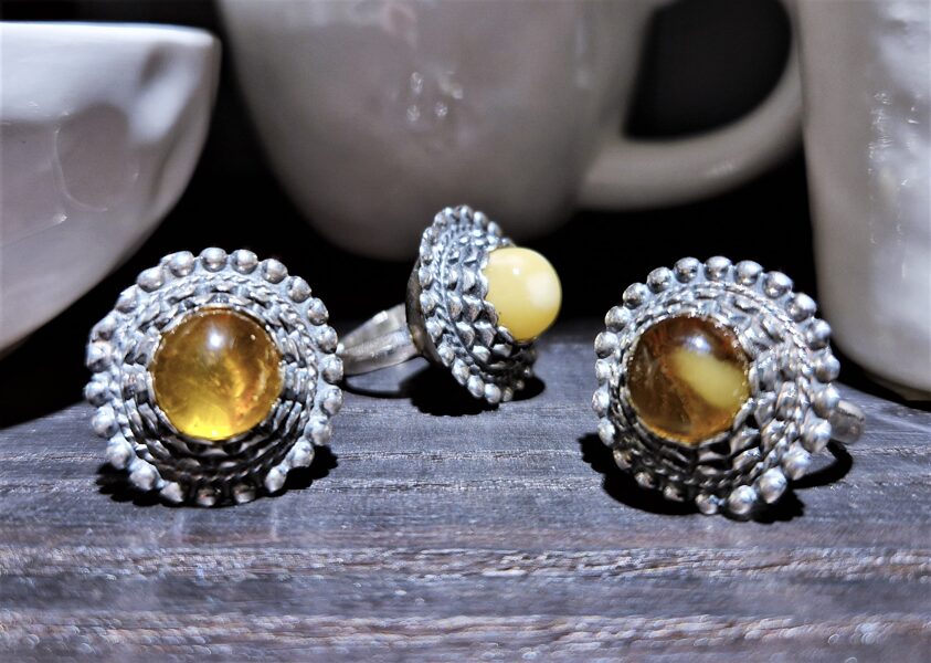 Silver Sun Ring With Amber